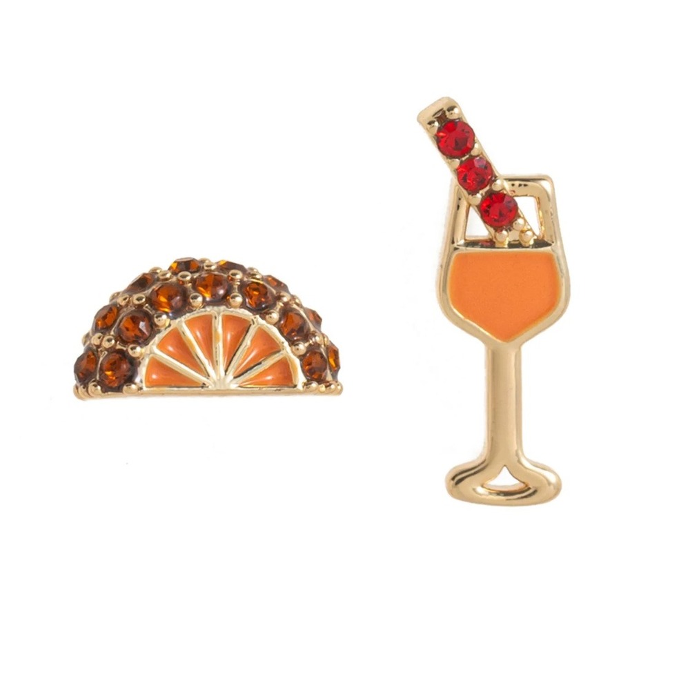 Gold Tone Mismatched Cocktail and Orange Slice Rhinestone Stud Earrings Orange
